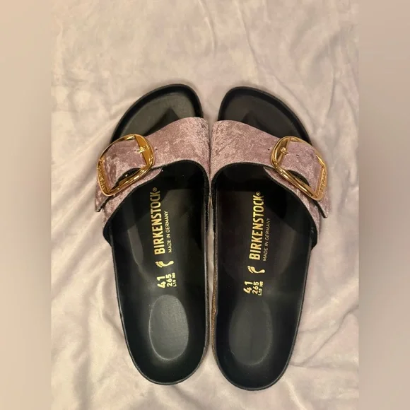 Birkenstock New w/o Box Madrid Big Buckle Rivet Logo Taupe Grey Velvet Exquisite - Picture 4 of 10